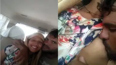 Bearded lad kisses Indian girlfriend's nipple in the backseat