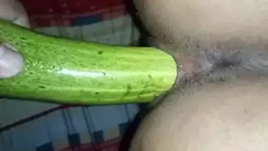 Fun with XXX cucumber is how guy prepares obedient Desi GF for sex