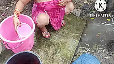 Indian House Wife Bathing Outside